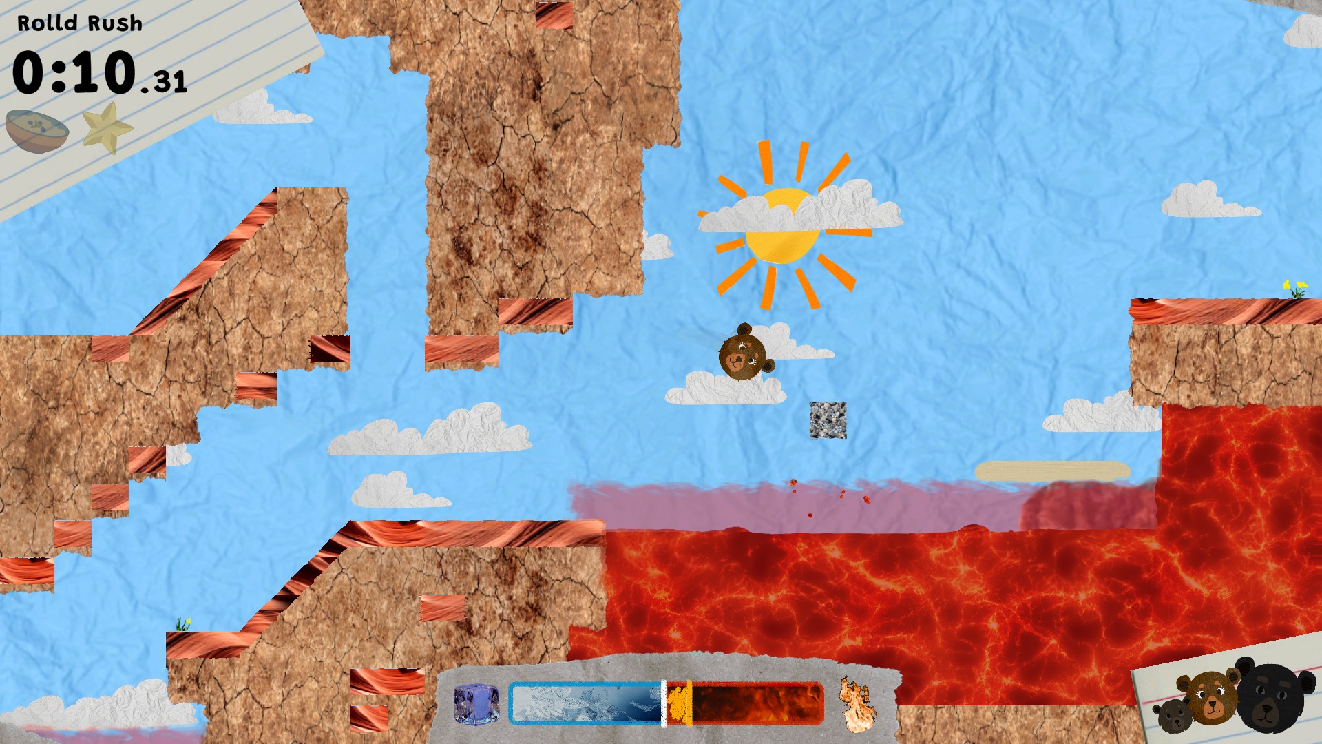A screenshot from Three Bulky Bears, taken in World 3. Mama Bear leaps over lava in a desert area.