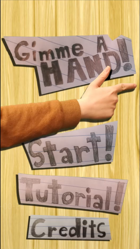 Title screen of Gimme A Hand!, a game produced in a team using the Construct game engine