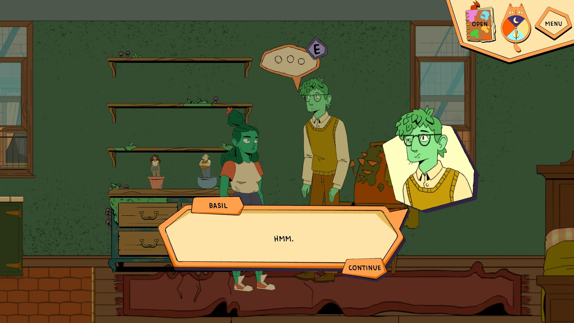 A screenshot from Prickles, showing the player in dialogue with a different NPC, named Basil.