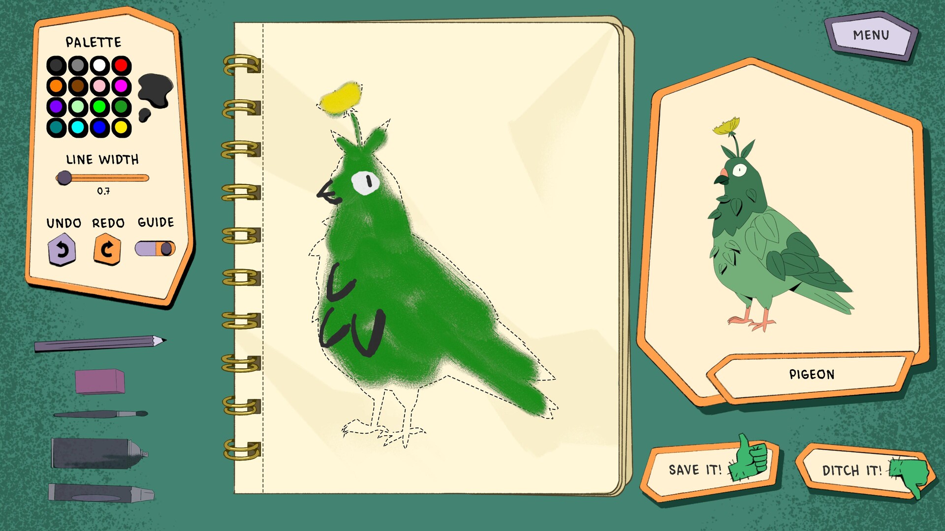 A screenshot from Prickles, showing a drawing pad that the player can draw on, with various tools and options.