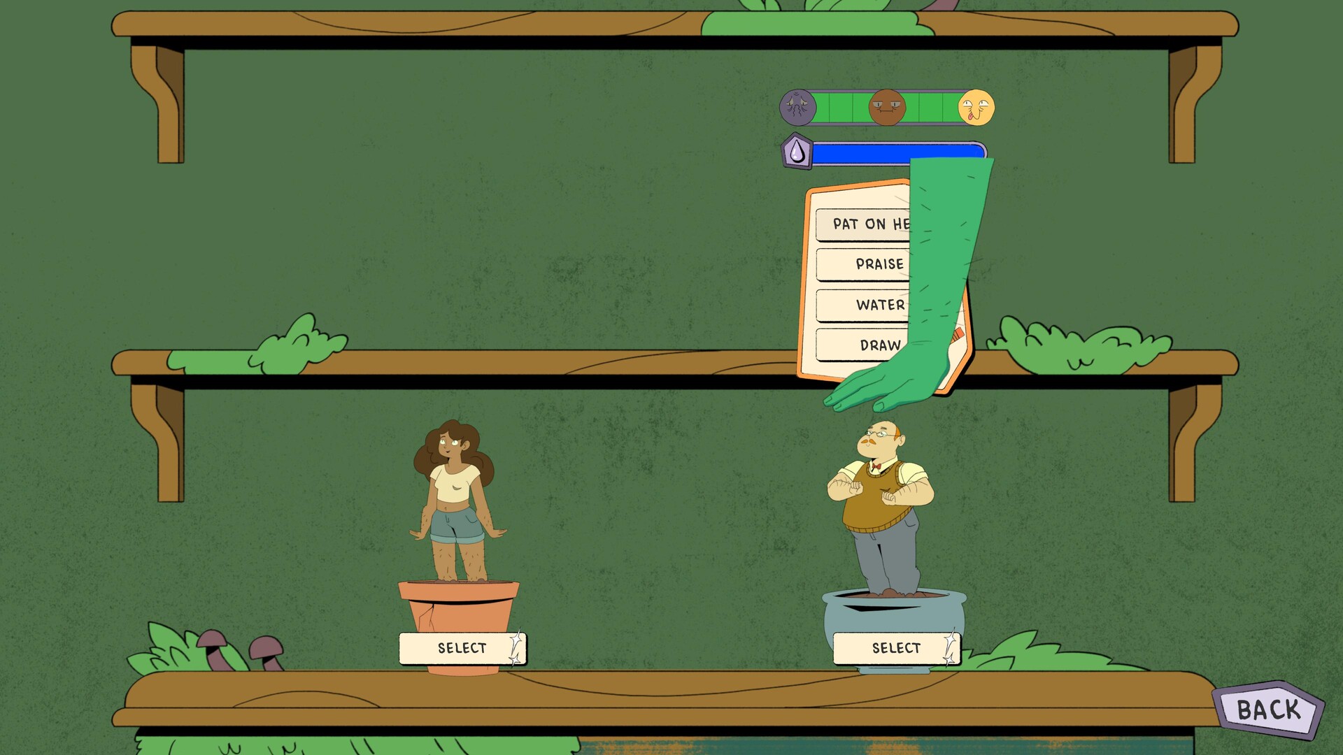 A screenshot from Prickles, showing a shelf with a couple of Potted Humans on it. The player can interact with them in various ways.